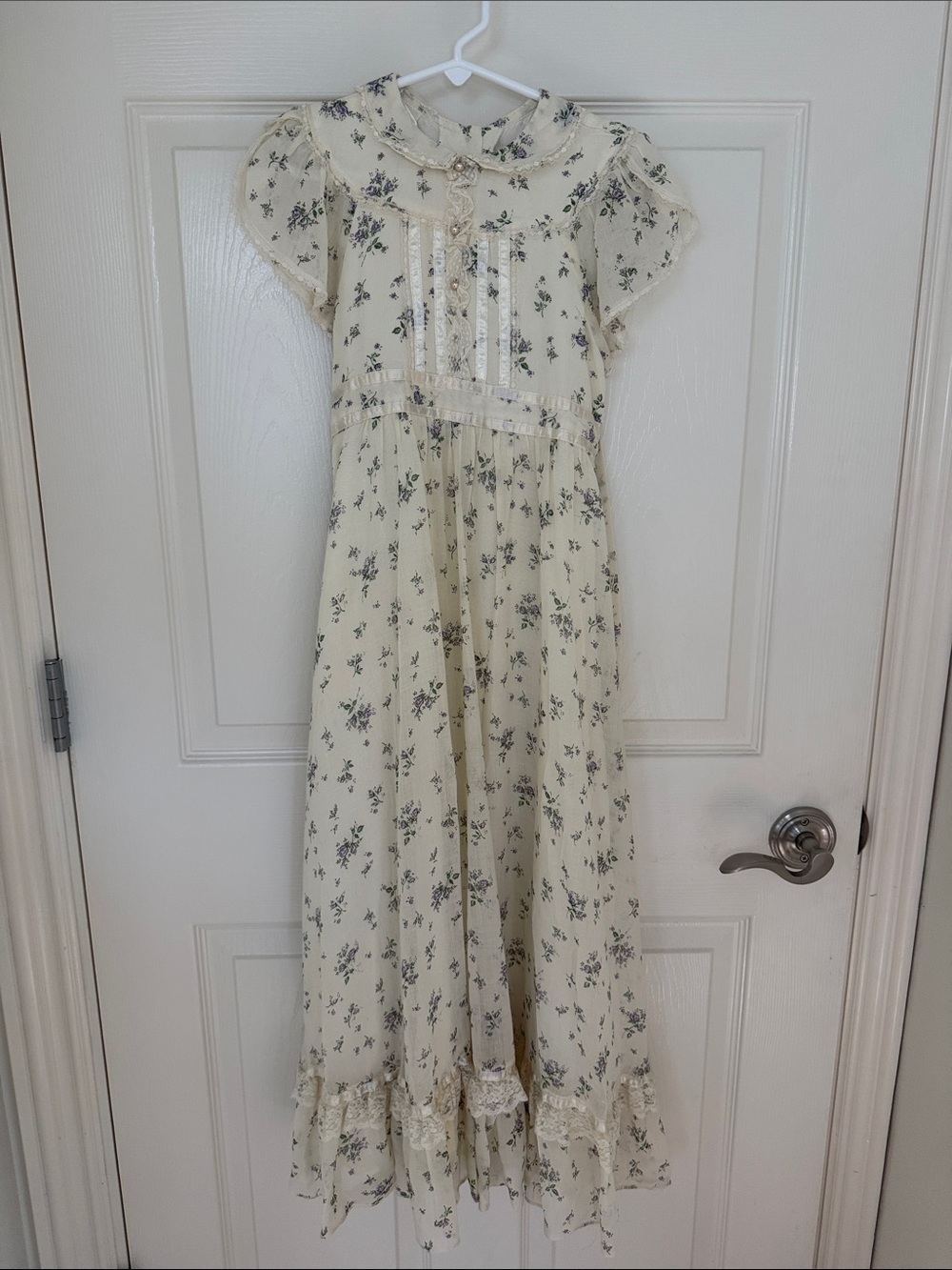 Girls Vintage Gunne Sax Jeunes Filles Cream Floral Lace-Trim Maxi Dress